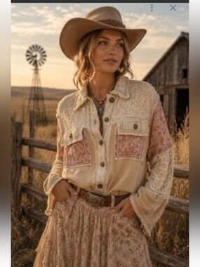 POL Boho Vibes Mixed Media Lace Corduroy Patchwork Shacket Western Cottagecore S